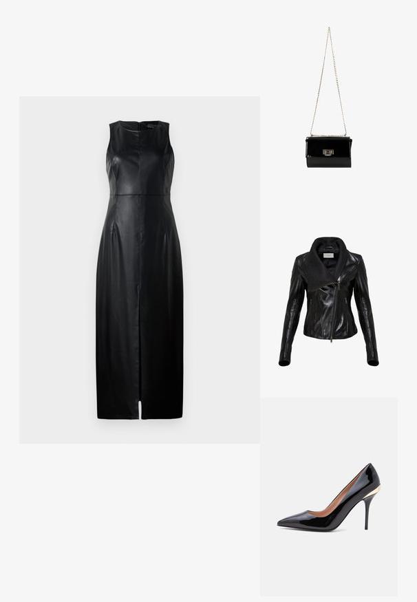 Schwarze asymmetrische Lederjacke mit Reißverschluss, großem Stoffkragen und zwei vorderen Reißverschlusstaschen, tailliert geschnitten.; Schwarzes ärmelloses Kleid aus Leder, mit tailliertem Schnitt, knielanger Länge und einem dezenten Schlitz vorne. Rückseitiger Reißverschluss.; Schwarzer Pumps aus Lackleder mit spitzer Schuhspitze, schlankem Stilettabsatz und goldenem Akzent nahe der Fersenkappe.; Schwarz glänzende Handtasche aus Lackleder mit einem goldenen Kettenriemen, rechteckige Form, mit einem Verschluss mit Klappe und einem metallischen Logo-Akzent.