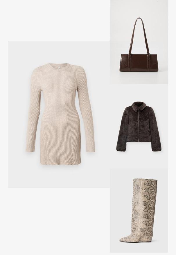Mørkebrun jakke af imiteret pels med lynlås foran, lange ærmer og en bred, rund krave, vist mod en ensfarvet baggrund.; Beige ribbet strik langærmet kjole med en tætsiddende talje og rund halsudskæring på en hvid baggrund.; Høje støvler med spids tå i et beige og sort slangeprint mønster. Lavet af tekstureret syntetisk materiale med en slank, glat finish.; Brun lakeret håndtaske med rektangulær form, to lange håndtag og subtile buede detaljer på fronten.