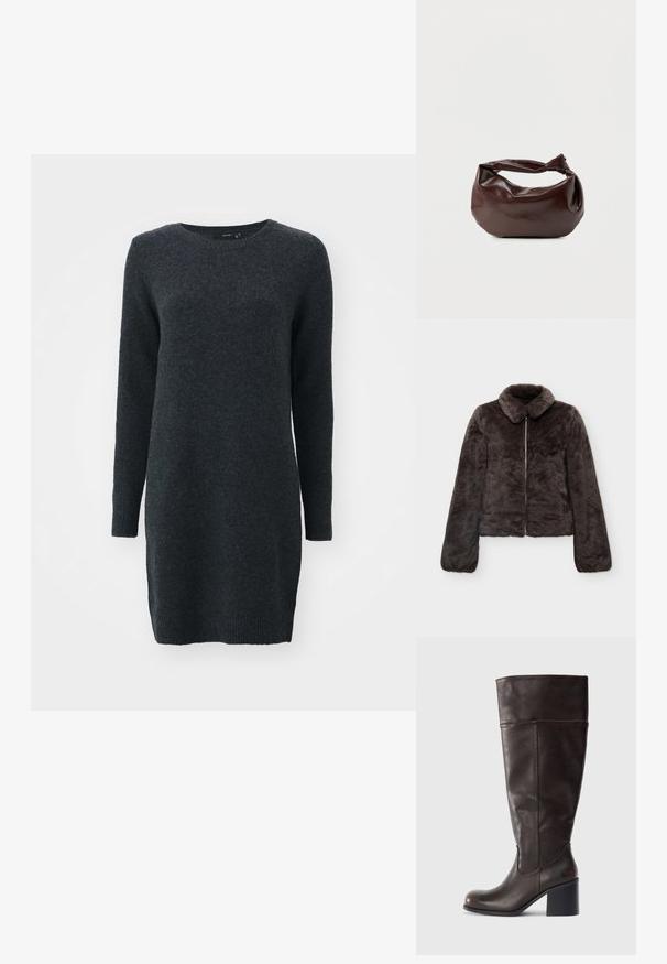 Dunkelbraune Kunstpelzjacke mit Reißverschluss vorne, langen Ärmeln und einem breiten, abgerundeten Kragen, dargestellt vor einfachem Hintergrund.; Dunkelgraues langärmeliges Pulloverkleid mit rundem Ausschnitt. Weicher Stoff, gerippte Bündchen und seitliche Schlitze für mehr Bewegungsfreiheit.; Braune Lederkniehohe Stiefel mit abgerundeter Spitze und gestapeltem Absatz. Merkmale sind eine glatte Oberfläche und seitliche Nähte.; Dunkelbraune Lederschultertasche mit weicher, lockerer Form und einem gedrehten Knotengriff vor schlichtem weißem Hintergrund.