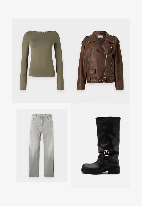 Chaqueta de motorista marrón de cuero sintético con cremalleras plateadas, botones a presión, cintura con cinturón y hombreras, sobre un fondo liso.; Top verde oliva de manga larga con un diseño ajustado, hecho de una tela suave y elástica con un escote ancho y costuras mínimas.; Vaqueros de pierna recta en gris claro con cinco bolsillos, presillas para cinturón, botón frontal y cierre de cremallera, mostrados extendidos sobre un fondo blanco.; Bota alta de piel negra con punta redondeada, tacón bajo, correa con hebilla lateral y caña ligeramente caída sobre fondo blanco.