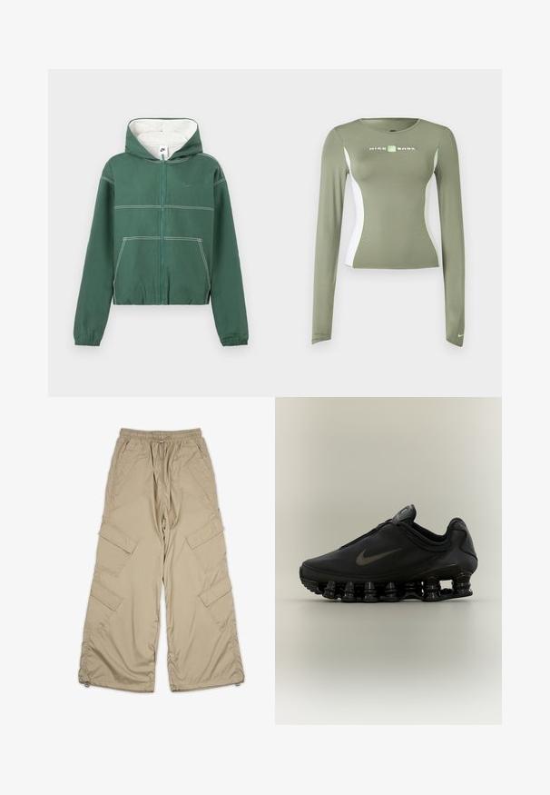 Vihreä vetoketjullinen huppari valkoisella sisäpuolella, jossa on valkoiset saumat, kiristysnauhallinen huppu ja kaksi etutaskua.; Oliivinvihreä pitkähiha Nike Shox -paita valkoisilla sivupaneeleilla ja neonvihreillä yksityiskohdilla, vartalonmyötäinen leikkaus ja pieni Swoosh-logo hihansuun resorissa.; Beige cargo-housut jossa on vetoketjullinen vyötärö, useita sivutaskuja ja rento istuvuus. Valmistettu kevyestä, sileästä kankaasta, jossa on ompelut yksityiskohtia.; Musta Nike-tennari, jossa on vetoketjulla varustettu päällinen ja erottuva joustinmäinen segmentoitunut pohja, esitetty sivuprofiilissa neutraalilla taustalla.