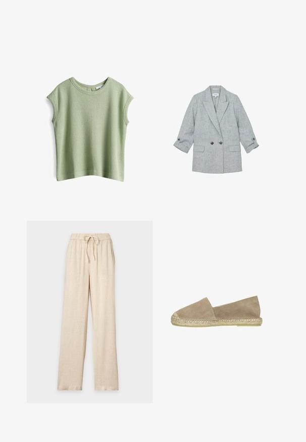 Lichtgrijze gestructureerde blazer met notch-revers, twee knopen aan de voorkant, klepzakken en opgerolde mouwen met knoopbiesjes.; Korte mouwen, lichtgroen top gemaakt van textuurstof, met een ronde halslijn en een losse pasvorm met rechte zoom.; Beige wijde broek met elastische tailleband en trekkoord, gemaakt van een lichtgewicht gestructureerde stof.; Beige suède instapper espadrille met een jute-wikkelde zool, met een platte silhoutte en zonder verdere versieringen.