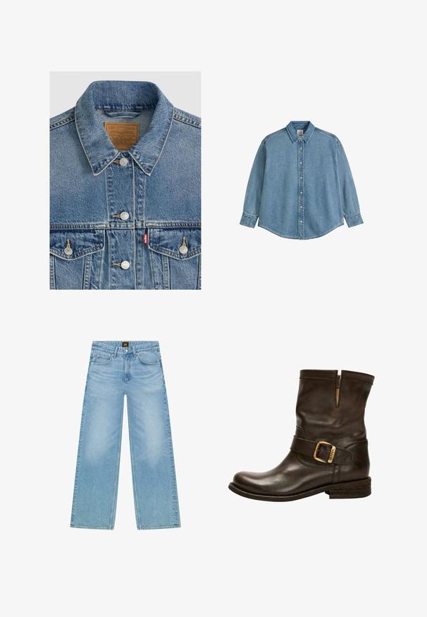Chaqueta vaquera azul con botones plateados, cuello puntiagudo, dos bolsillos en el pecho, etiqueta de la marca Levi Strauss marrón dentro del cuello.; Camisa azul de mezclilla con mangas largas, botones, cuello y puños, mostrada extendida sobre un fondo blanco.; Vaqueros de cintura ancha en azul claro, fabricados en denim. Cuenta con un diseño clásico de cinco bolsillos y una sutil textura deslavada. Cierre con botón y cremallera.; Botín de cuero marrón hasta el tobillo con punta redondeada, detalle de hebilla lateral, acentos de costura y un tacón bajo apilado. Presenta una textura distintiva.