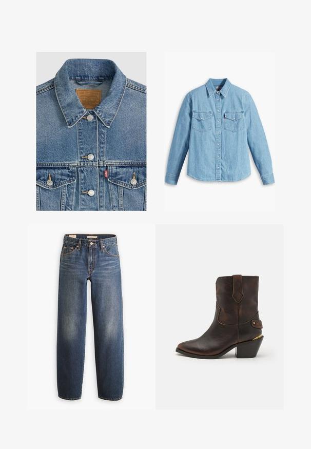 Blauwe spijkerjas met zilveren knopen, puntkraag, twee borstzakken, bruin Levi Strauss merkembleem aan de binnenkant van de kraag.; Lichtblauwe spijker blouse met lange mouwen, puntige kraag, twee borstzakken, knoopsluiting en subtiele textuur. Geen zichtbare patronen.; Donkerblauwe spijkerbroeken met een rechte pijp, voorzien van vijf zakken, koperen klinknagels en subtiele vervaging op de dijen.; Bruine leren cowboylaars met een puntenneus en gestapelde hak. Voorzien van een decoratief ruitpatroon en een riem met hardware accent.