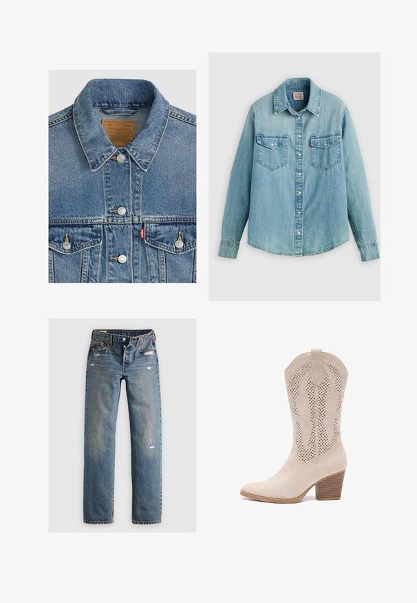 Chaqueta vaquera azul con botones plateados, cuello puntiagudo, dos bolsillos en el pecho, etiqueta de la marca Levi Strauss marrón dentro del cuello.; Camisa de mezclilla azul claro con cuello clásico, cierre frontal de botones, dos bolsillos en el pecho y puños abotonados con dobladillo ligeramente curvado.; Jeans de denim azul con corte recto, que presentan detalles desgastados y parches desteñidos. La tela tiene un acabado texturizado y costuras cosidas.; Bota de vaquera de ante beige con punta puntiaguda, diseño perforado, costuras decorativas y tacón apilado de madera.