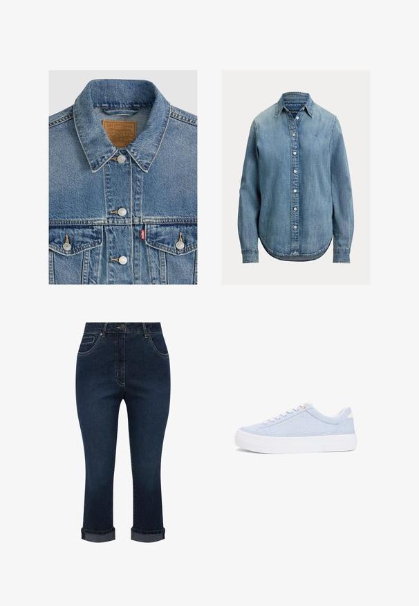 Blauwe spijkerjas met zilveren knopen, puntkraag, twee borstzakken, bruin Levi Strauss merkembleem aan de binnenkant van de kraag.; Lichtblauw denim overhemd met lange mouwen, knoopsluiting aan de voorkant en een klassieke kraag. Heeft een afgeronde zoom en subtiele textuur.; Donkerblauwe denim cropped jeans met voorzakken, knoopsluiting en opgerolde zomen.; Lichtblauwe casual sneaker met witte veters en dikke witte zool, zijaanzicht, textiel bovenwerk en subtiel goudkleurig merklogo aan de zijkant.