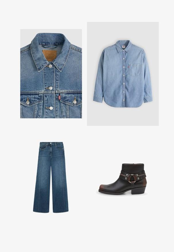 Blå denimjakke med sølvknapper, spids krave, to brystlommer, brun Levi Strauss mærke indeni kraven.; Lyseblå denimskjorte med button-down-krave, forlompe og lange ærmer. Har en buet kant og en subtil tekstur.; Bredde ben jeans i mørkeblå denim med kontrasterende hvid sying, fem-lomme design og en knaplukning i taljen.; Sorte læder ankelstøvler med rund tå, sølvhardware detaljer og en strop med en rund spænde. Design med blokhæl.