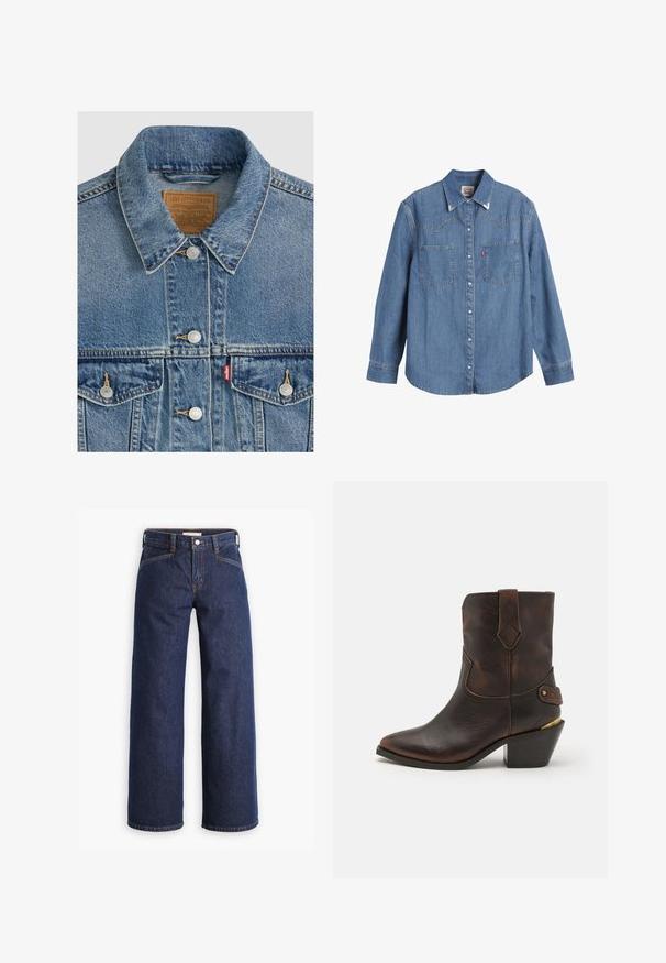 Blå denimjakke med sølvknapper, spids krave, to brystlommer, brun Levi Strauss mærke indeni kraven.; Lys blå denimskjorte med lange ærmer, spids krave, to brystlommer og kontraststing. Har et western-inspireret yoke-design.; Mørkeblå denim jeans med høj talje, bred benklipp og diskret orange syninger. Har knap- og lynlåslukning foran.; Brune læder cowboystøvle med spids tå og stablet hæl. Har et dekorativt diamantmønster og en rem med hardware-detajle.