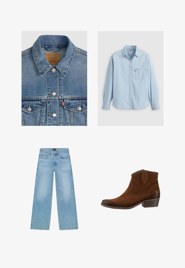Blå denimjakke med sølvknapper, spids krave, to brystlommer, brun Levi Strauss mærke indeni kraven.; Lyseblå denimskjorte med spidse kraver, lange ærmer, knaplukning og en brystlomme med et lille logomærke.; Lys blå, brede jeans lavet af denim. Har et klassisk fem-lommers design og en subtil fadet tekstur. Knap- og lynlås lukning.; Felmini STIEFELETTE - Cowboy- / bikerstøvlette - brown