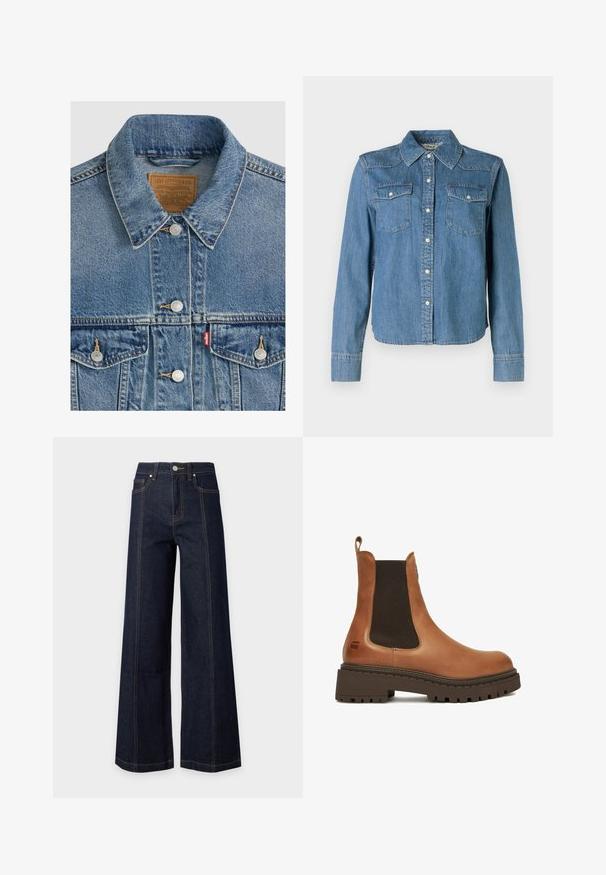 Blå denimjakke med sølvknapper, spids krave, to brystlommer, brun Levi Strauss mærke indeni kraven.; Denimskjorte med en lys blå nuance, klassisk krave og to brystlommer. Den har trykknapper og lange ærmer med knapmanchetter.; Mørkeblå jeans med høj talje og vidde ben, med forlommer, synlige sømme og lukning med knap og lynlås på en ensartet lys baggrund.; Brun læder Chelsea-støvle med tyk sort gummisål og elastiske sidepaneler, med trækflig bagpå.