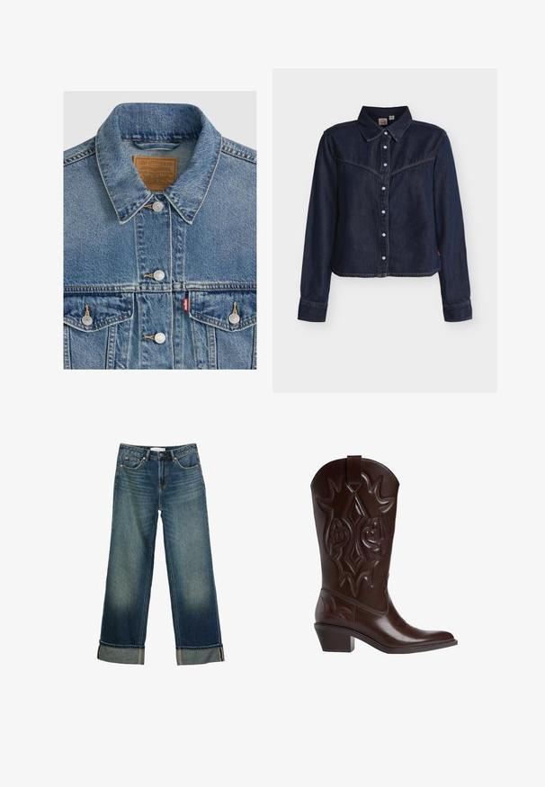 Blå denimjakke med sølvknapper, spids krave, to brystlommer, brun Levi Strauss mærke indeni kraven.; Mørkeblå denimskjorte med lange ærmer og trykknapper, vestlig stil yoke, spids krave og lige kant mod hvid baggrund.; Mørkeblå denimjeans med vide ben, opsmøgede manchetter, frontknap og design med fem lommer.; Brun cowboystøvle i læder med indviklede sømme, spids snude og stablet hæl. Har en træktab i toppen for nem påtagning.