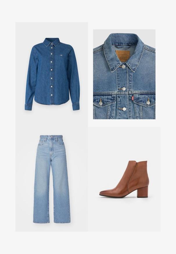 Blaue Jeansjacke mit silbernen Knöpfen, spitzem Kragen, zwei Brusttaschen, braunes Levi Strauss Markenlabel innen am Kragen.; GANT REG - Hemdbluse - indigo; Hellblaue High-Waist-Weite-Leg-Jeans mit Knopf- und Reißverschluss vorne, Vorder- und Rückentaschen, auf weißem Hintergrund.; Braune Leder-Ankle-Boots mit spitzem Zehenbereich, mittelhohem Blockabsatz und minimaler Nahtgestaltung. Glatte Textur mit polierter Oberfläche.