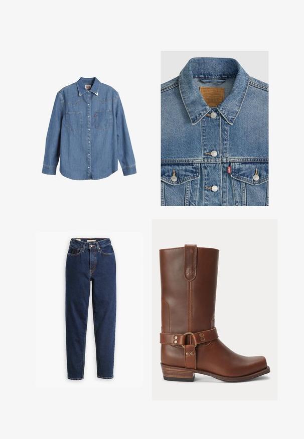 Blå denimjakke med sølvknapper, spids krave, to brystlommer, brun Levi Strauss mærke indeni kraven.; Lys blå denimskjorte med lange ærmer, spids krave, to brystlommer og kontraststing. Har et western-inspireret yoke-design.; Mørkeblå denimjeans med høj talje, femlommedesign og lige ben. Kontrastsyninger og knaplukning.; Brun læder midt på læggen støvle med lavt træhæl, rund snude og dekorativ strop med metalnitter rundt om anklen.