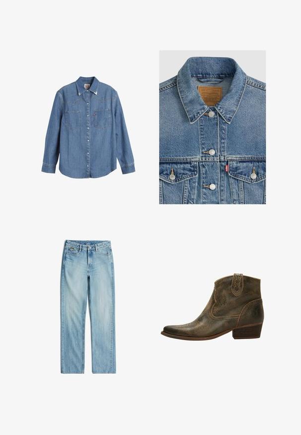Blaue Jeansjacke mit silbernen Knöpfen, spitzem Kragen, zwei Brusttaschen, braunes Levi Strauss Markenlabel innen am Kragen.; Hellblaues Denim-Hemd mit langen Ärmeln, spitzem Kragen, zwei Brusttaschen und kontrastierenden Nähten. Verfügt über ein Design mit Westernstil-Yoke.; Hellblaue Jeans aus Denim mit geraden Beinen, vorne mit Knopf und Reißverschluss, Gürtelschlaufen sowie Vorder- und Hintertaschen.; Braunes Leder-Ankle-Boot mit spitzer Zehenform, dekorativen Nähten und niedrigem Absatz. Verfügt über eine dezente, strukturierte Oberfläche und eine Zuglasche.
