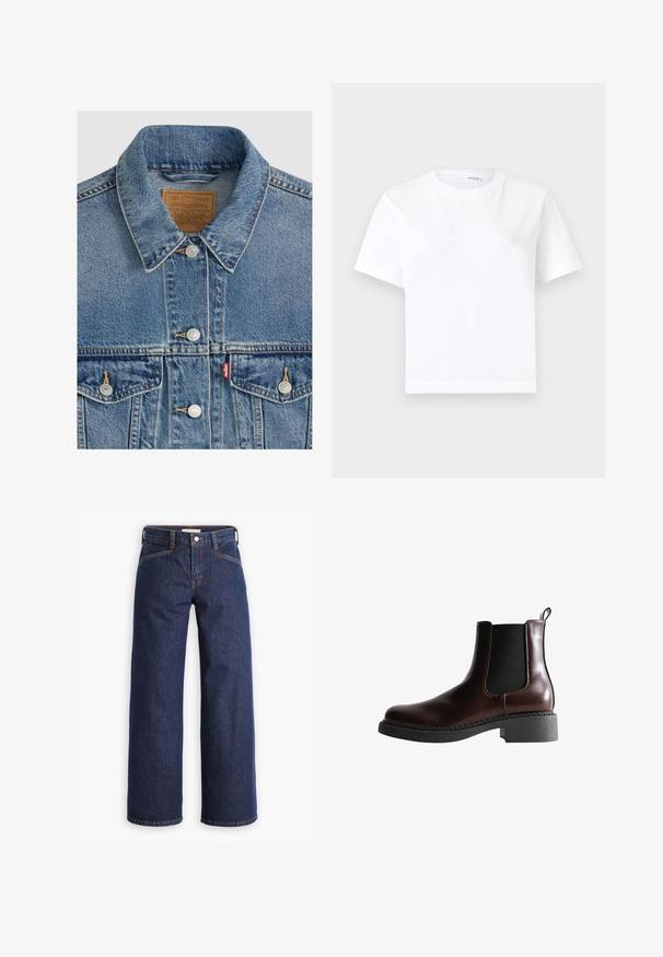 Blå denimjakke med sølvknapper, spids krave, to brystlommer, brun Levi Strauss mærke indeni kraven.; Hvid kortærmet bomuld t-shirt med rund halsudskæring og lige kant, vist på en hvid baggrund.; Mørkeblå denim jeans med høj talje, bred benklipp og diskret orange syninger. Har knap- og lynlåslukning foran.; Brune læder ankelstøvle med elastiske sidepaneler, rund tå og en struktureret sort gummisål. Har kontrasterende syninger og en trækflap.