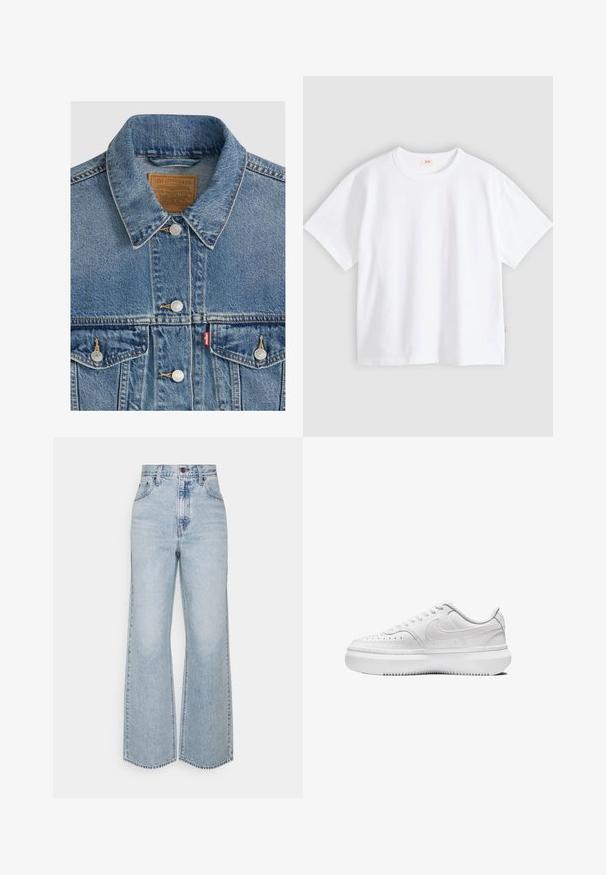 Chaqueta vaquera azul con botones plateados, cuello puntiagudo, dos bolsillos en el pecho, etiqueta de la marca Levi Strauss marrón dentro del cuello.; Camiseta blanca de algodón con mangas cortas, cuello redondo, ajuste holgado, textura suave y una pequeña etiqueta con logotipo en la costura del lado izquierdo.; Jeans anchos de mezclilla de un azul claro con una cintura alta, diseño clásico de cinco bolsillos y costuras en contraste. Detalle de dobladillo sin terminar en la parte inferior.; Zapatillas blancas con parte superior de cuero liso, puntera redonda, detalles perforados y suela de goma blanca gruesa. Presenta el logotipo en el lateral y cordones planos.