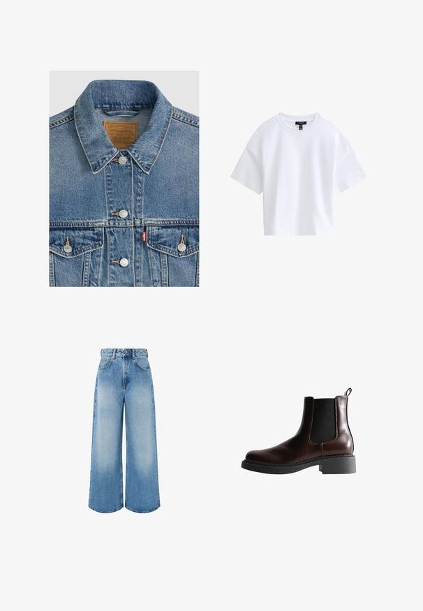 Chaqueta vaquera azul con botones plateados, cuello puntiagudo, dos bolsillos en el pecho, etiqueta de la marca Levi Strauss marrón dentro del cuello.; Camiseta blanca sencilla de manga corta y corte cropped con escote redondo y etiqueta negra de la marca dentro del cuello.; Vaqueros de mezclilla de pierna ancha en azul claro, con cintura alta, cierre de botón y un leve desvanecimiento con bordes de dobladillo limpios.; Botín de cuero marrón con paneles laterales elásticos, puntera redonda y suela de goma negra texturizada. Presenta costuras en contraste y una pestaña para facilitar el calce.