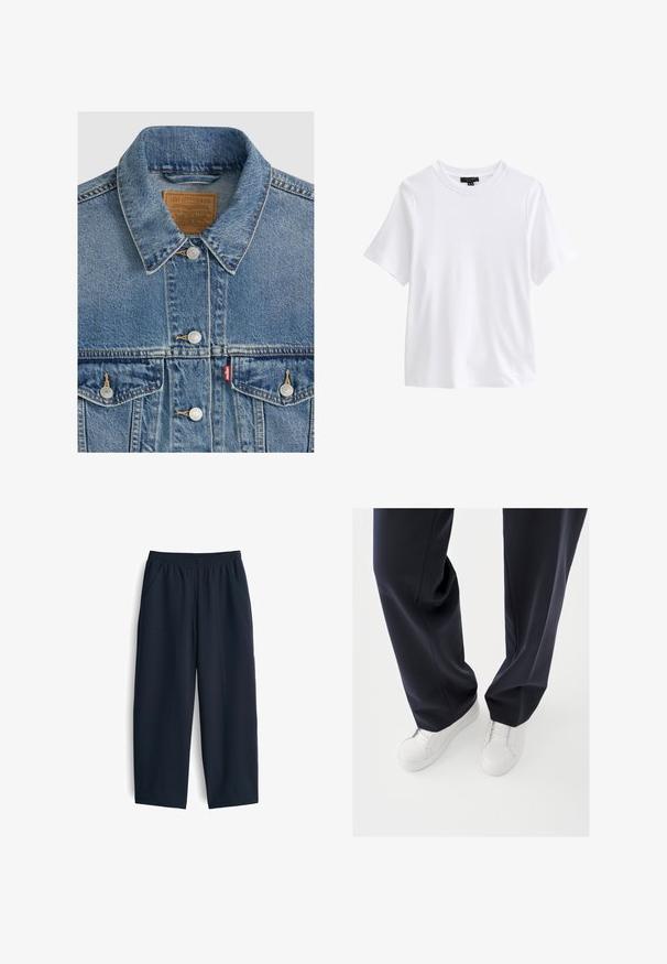 Blauwe spijkerjas met zilveren knopen, puntkraag, twee borstzakken, bruin Levi Strauss merkembleem aan de binnenkant van de kraag.; Effen wit T-shirt met korte mouwen en ronde hals met een zwart kledinglabel aan de binnenkant van de kraag op een witte achtergrond.; Navy blauwe broek van gladde stof, met een elastische tailleband, twee zijzakken en een relaxte pasvorm met rechte pijpen.; Witte sneakers met gestructureerde rubberen zolen en platte veters, gecombineerd met donkerblauwe broeken die een losse, soepele stof en een getailleerde pasvorm laten zien.