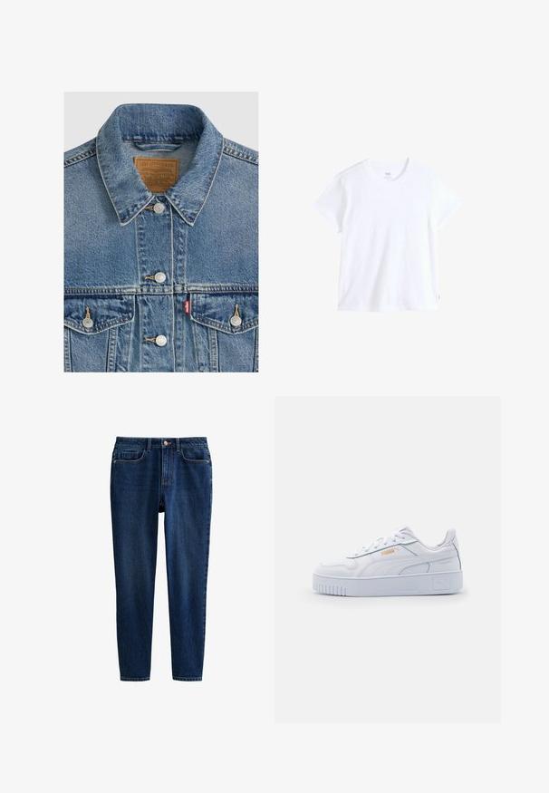 Blå denimjakke med sølvknapper, spids krave, to brystlommer, brun Levi Strauss mærke indeni kraven.; Hvid bomuld t-shirt med korte ærmer, rund halsudskæring og lige kant. Har en lille rød logoetiket på nederste venstre side.; Mørkeblå denimjeans med en tætsiddende pasform, fem lommer og lynlåslukning med en frontknap. Blød tekstur med minimal falming.; Hvide lædersneakers med en kraftig sål, der har en glat overflade, minimalistisk design, side-striber og en lille logo detalje.