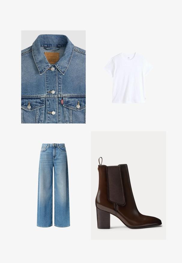 Blauwe spijkerjas met zilveren knopen, puntkraag, twee borstzakken, bruin Levi Strauss merkembleem aan de binnenkant van de kraag.; Wit katoenen t-shirt met korte mouwen, ronde hals en rechte zoom. Heeft een klein rood logotag aan de linkeronderzijde.; Brede blauwe denim jeans hebben een lichte wassing, hoge taille, voorzakken en een subtiele vervagingseffect langs de benen. Afgewerkt met een knoopsluiting.; Donkerbruine leren enkellaars met blokhak en elastisch zijpaneel, voorzien van een trekhangsel aan de achterkant voor gemakkelijk aan- en uittrekken.