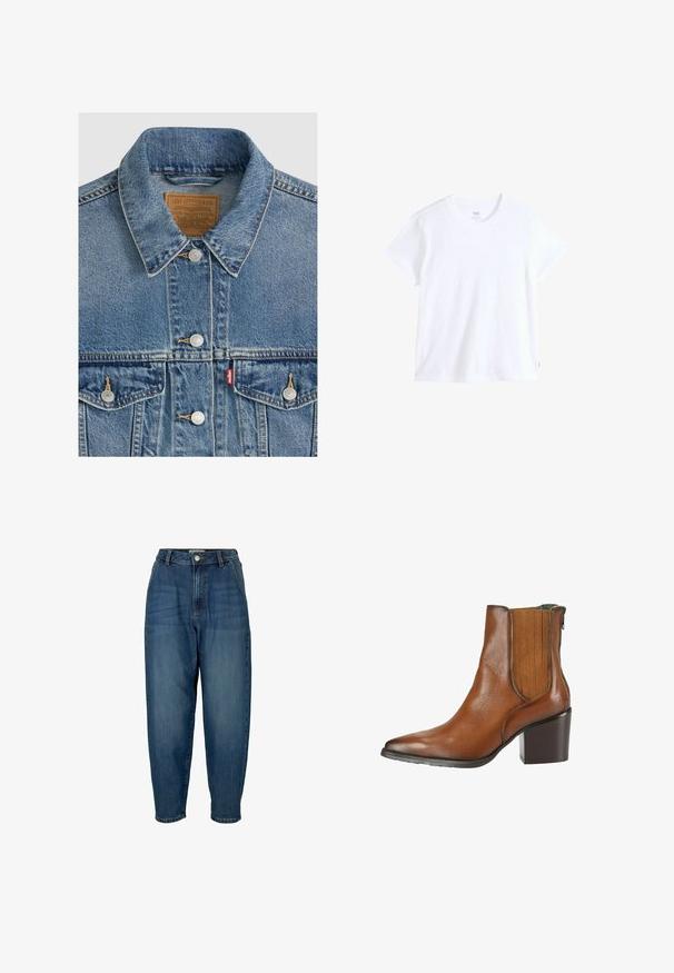 Chaqueta vaquera azul con botones plateados, cuello puntiagudo, dos bolsillos en el pecho, etiqueta de la marca Levi Strauss marrón dentro del cuello.; Camiseta blanca de algodón con mangas cortas, escote redondo y bajo recto. Presenta una pequeña etiqueta con logo rojo en el lado inferior izquierdo.; Vaqueros de mezclilla azul de cintura alta con un corte relajado, que presentan bolsillos frontales, cierre de cremallera y un leve desgaste en la tela.; Botín de cuero marrón con tacón bloque apilado, panel lateral elástico y punta puntiaguda, mostrado desde el lateral exterior sobre un fondo blanco.