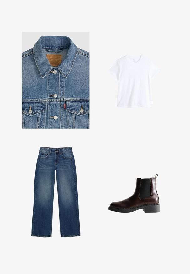 Blaue Jeansjacke mit silbernen Knöpfen, spitzem Kragen, zwei Brusttaschen, braunes Levi Strauss Markenlabel innen am Kragen.; Weißes Baumwoll-T-Shirt mit kurzen Ärmeln, rundem Ausschnitt und geradem Saum. Mit kleinem rotem Logostreifen an der unteren linken Seite.; Weit geschnittene blaue Jeans aus Denim mit einem verwaschenen Finish, ausgestattet mit fünf Taschen, einem vorderen Knopfverschluss und sichtbaren Nahtdetails.; Braune Leder-Boots mit elastischen Seitenteilen, runder Spitze und einer strukturierten schwarzen Gummisohle. Verfügt über kontrastierende Nähte und eine Ziehlasche.