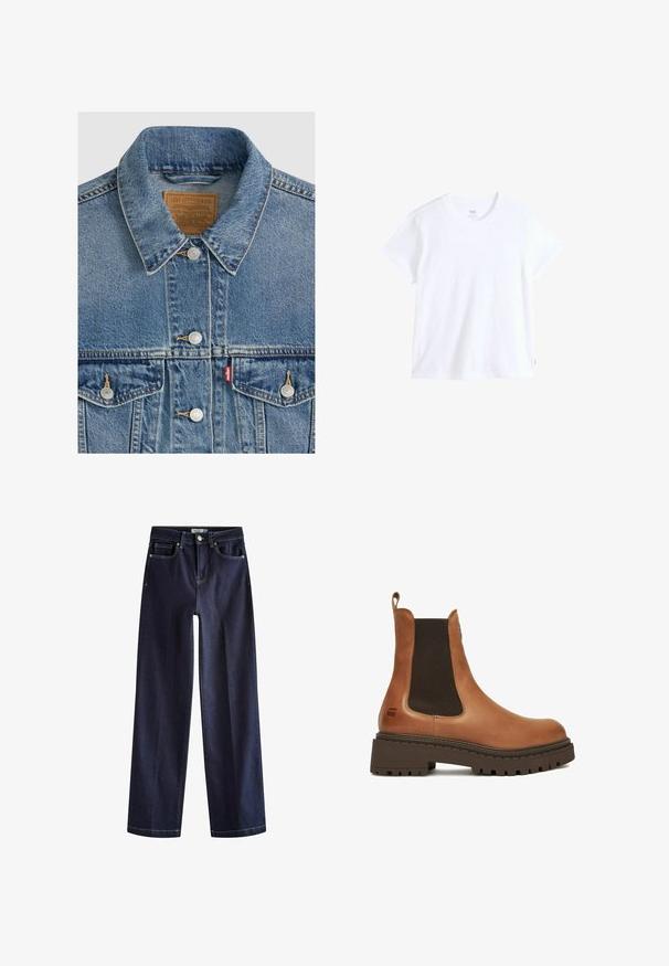 Blå denimjakke med sølvknapper, spids krave, to brystlommer, brun Levi Strauss mærke indeni kraven.; Hvid bomuld t-shirt med korte ærmer, rund halsudskæring og lige kant. Har en lille rød logoetiket på nederste venstre side.; Next Jeans Straight Leg - rinse blue; Brun læder Chelsea-støvle med tyk sort gummisål og elastiske sidepaneler, med trækflig bagpå.
