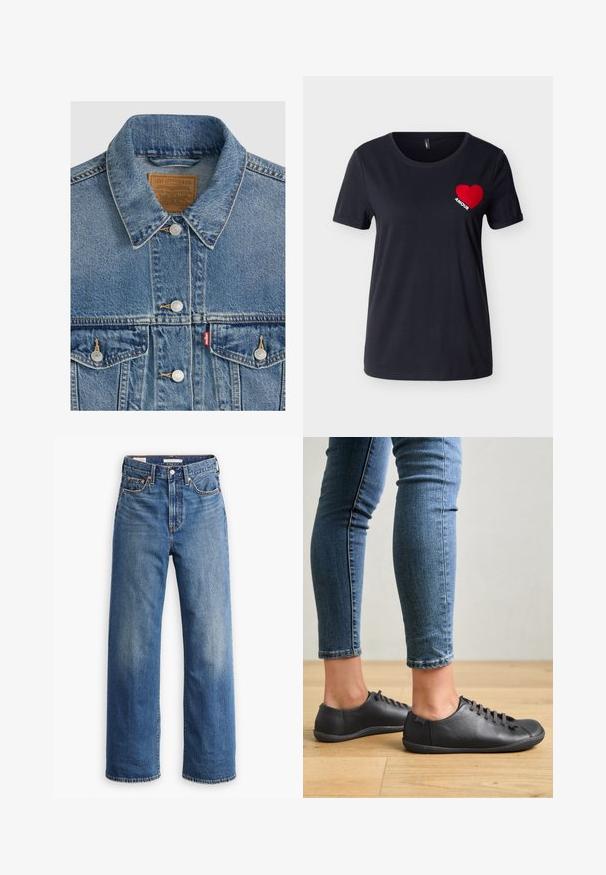 Blå denimjakke med sølvknapper, spids krave, to brystlommer, brun Levi Strauss mærke indeni kraven.; Sort sortærmet T-shirt med rund halsudskæring, med et rødt hjerte og ordet "AMOUR" på venstre brystområde.; Lyseblå denimjeans med høj talje, bred benstil, klassisk fem-lomme design og subtil falmning på stoffet.; Sorte lædersko med rund tå, lav profil og snørebåndsdesign. Kombineret med blå, tætsiddende jeans og en baggrund af trægulv.