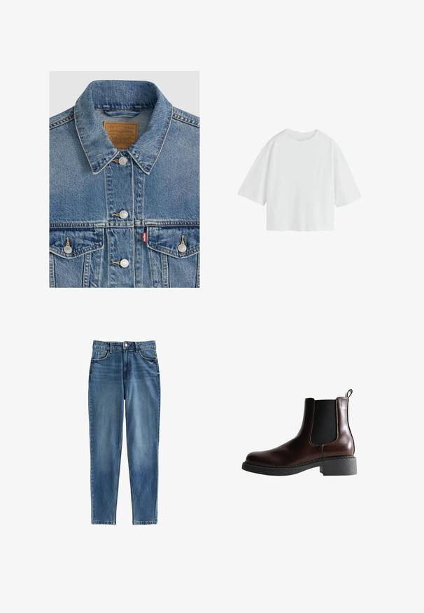 Chaqueta vaquera azul con botones plateados, cuello puntiagudo, dos bolsillos en el pecho, etiqueta de la marca Levi Strauss marrón dentro del cuello.; Camiseta blanca lisa de manga corta oversize con cuello redondo y ajuste holgado.; Jeans de mezclilla azul con fit recto, que cuentan con una cintura alta, cinco bolsillos y áreas sutilmente desgastadas para texturizar. Cierre con botón de metal.; Botín de cuero marrón con paneles laterales elásticos, puntera redonda y suela de goma negra texturizada. Presenta costuras en contraste y una pestaña para facilitar el calce.