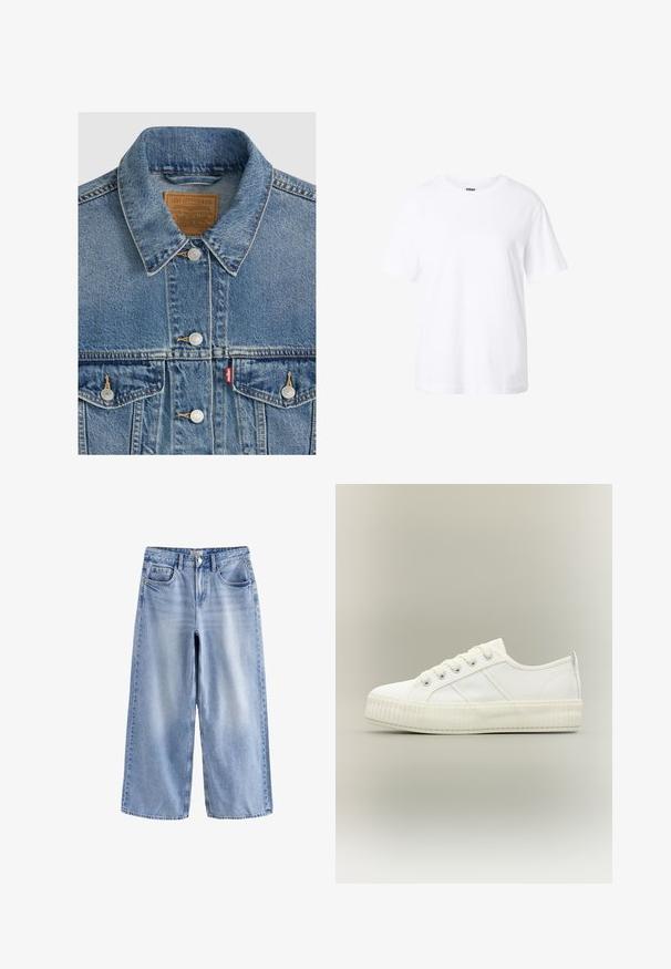 Blå denimjakke med sølvknapper, spids krave, to brystlommer, brun Levi Strauss mærke indeni kraven.; Enkelt hvid t-shirt med korte ærmer og rund hals, afslappet pasform og lille label inde i kraven.; Lyseblå vidde jeans med frontknapper og lynlås, bæltestropper og fem-lomme design, lagt fladt på hvid baggrund.; Hvid lavtop sneaker med tyk ribbet sål, snørelukning foran og trækflap på hælen mod en neutral baggrund.