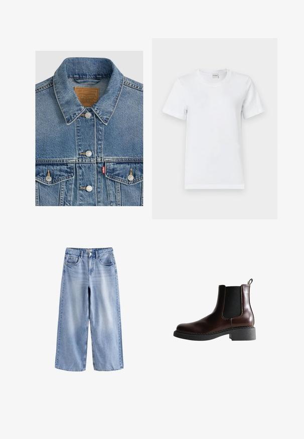 Blå denimjakke med sølvknapper, spids krave, to brystlommer, brun Levi Strauss mærke indeni kraven.; Hvid bomulds T-shirt med rund halsudskæring, korte ærmer, lige kant og en glat tekstur. Ingen mønstre eller yderligere hardware.; Lyseblå vidde jeans med frontknapper og lynlås, bæltestropper og fem-lomme design, lagt fladt på hvid baggrund.; Brune læder ankelstøvle med elastiske sidepaneler, rund tå og en struktureret sort gummisål. Har kontrasterende syninger og en trækflap.
