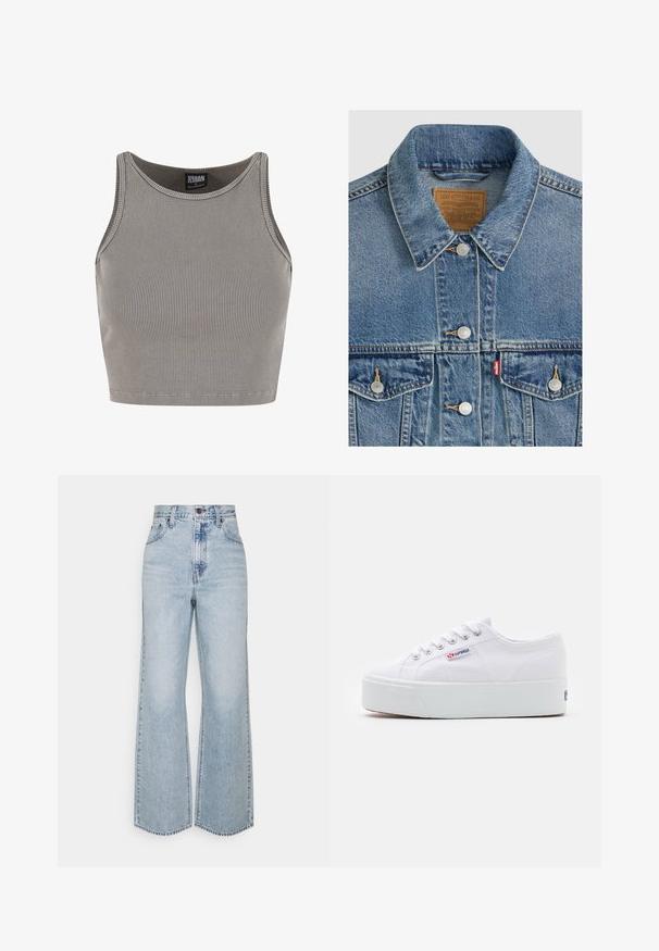 Blå denimjakke med sølvknapper, spids krave, to brystlommer, brun Levi Strauss mærke indeni kraven.; Urban Classics CROPPED - Top - steelgrey; Lysblå denim brede ben jeans med høj talje, klassisk fem-lomme design og kontrasterende syninger. Uslebne kanter i bunden.; Hvide canvas sneakers med en tyk hvid platformssål, rund tå og metaløjelets til snørebånd. Mærkets logo præsenteret på siden.