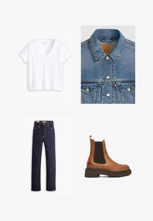 Chaqueta vaquera azul con botones plateados, cuello puntiagudo, dos bolsillos en el pecho, etiqueta de la marca Levi Strauss marrón dentro del cuello.; Camiseta blanca de algodón con escote en V, mangas cortas y dobladillo recto. Textura suave, diseño minimalista, sin estampados ni acentos.; Jeans de mezclilla rectos de color azul oscuro con cinco bolsillos y costuras naranjas visibles sobre un fondo blanco.; Bota Chelsea de cuero marrón con suela gruesa de goma negra y paneles laterales elásticos, con una lengüeta en la parte trasera.