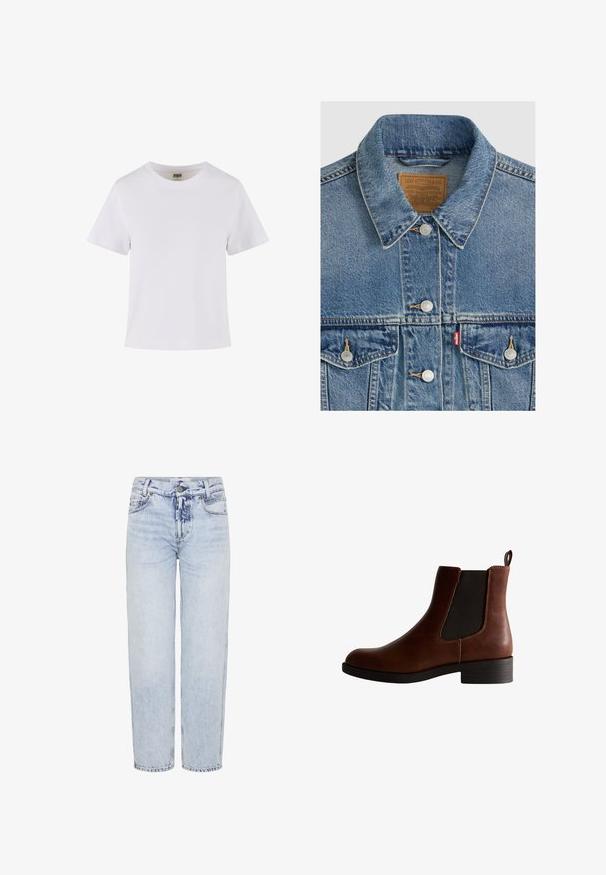 Chaqueta vaquera azul con botones plateados, cuello puntiagudo, dos bolsillos en el pecho, etiqueta de la marca Levi Strauss marrón dentro del cuello.; Camiseta de algodón blanca con mangas cortas, cuello redondo y corte recto. Textura suave, diseño sencillo, sin patrones ni acentos visibles.; Jeans de mezclilla de tiro alto en color azul claro; corte recto con bolsillos frontales, cierre de botón y patrones de desvanecimiento mínimos.; Botín de cuero marrón hasta el tobillo con paneles laterales elásticos, puntera redondeada y un tacón bajo tipo bloque. Presenta costuras en contraste y una lengüeta.