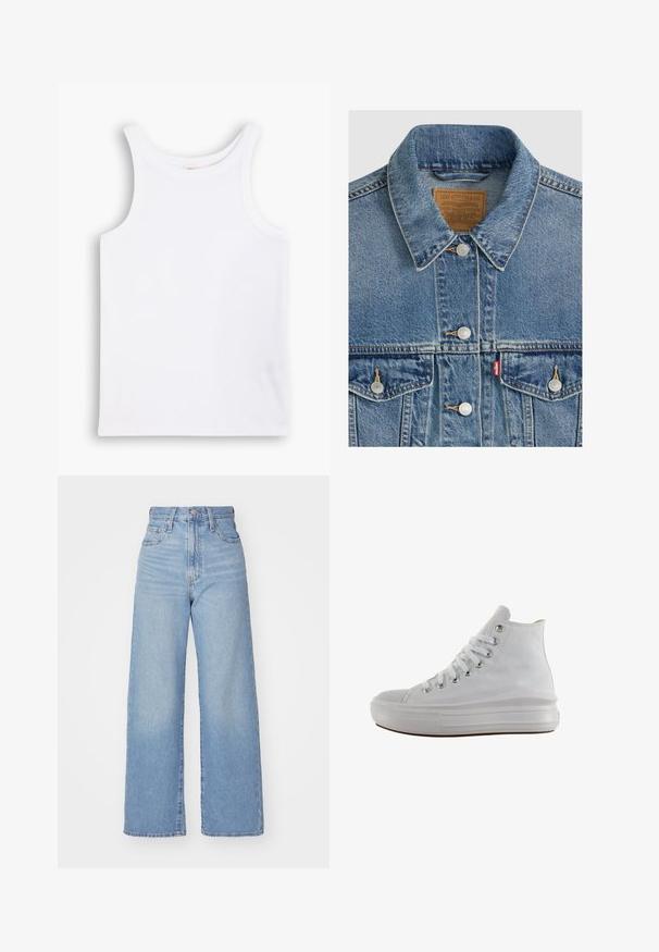 Blå denimjakke med sølvknapper, spids krave, to brystlommer, brun Levi Strauss mærke indeni kraven.; Hvid bomulds tanktop med brede skulderstropper, en rund halsudskæring og en glat, ribbet tekstur. Ingen mønstre eller detaljer til stede.; Lyseblå højtaljede bukser med bred benåbning, med frontknap og lynlås, samt for- og baglommer, på en hvid baggrund.; Hvid højt canvas sneaksko med hvide snørebånd, metaløjer, tyk gummisål og tekstureret tåhætte, vendt mod venstre på en hvid baggrund.