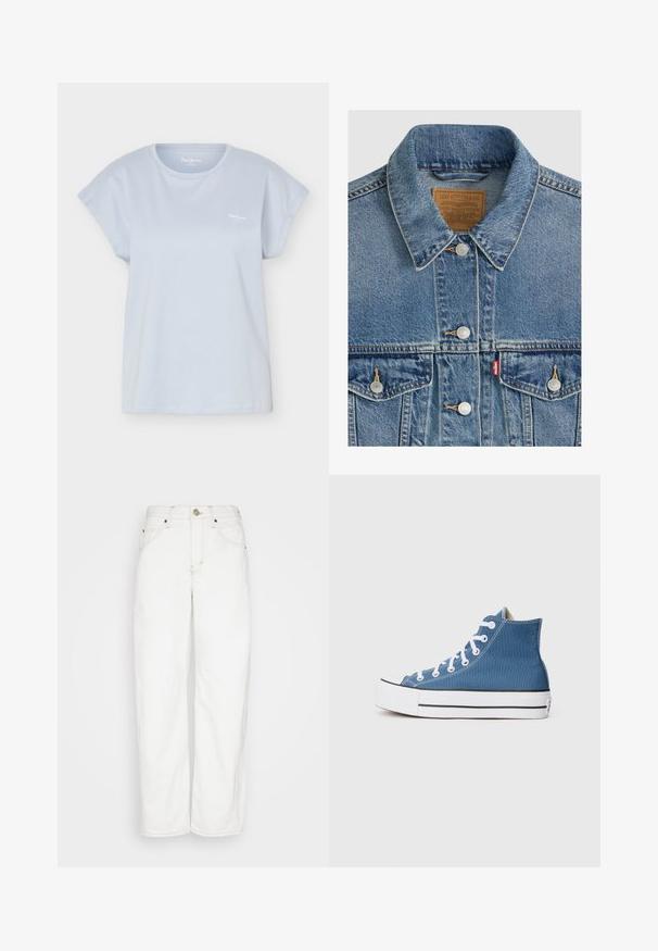 Chaqueta vaquera azul con botones plateados, cuello puntiagudo, dos bolsillos en el pecho, etiqueta de la marca Levi Strauss marrón dentro del cuello.; Camiseta de cuello redondo y manga corta en azul claro con pequeño logo blanco en el pecho izquierdo, mostrada sobre un fondo blanco.; BDG Urban Outfitters LOGAN CINCH - Vaqueros rectos - white; Zapatilla alta de lona azul con ojales blancos, cordones y suela blanca. Presenta una franja negra en la parte inferior y una lengüeta acolchada.
