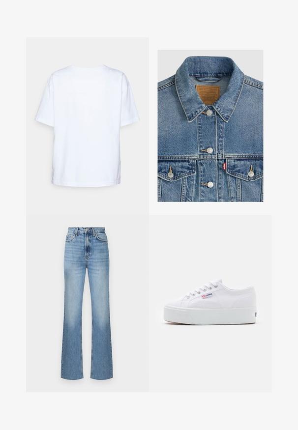 Chaqueta vaquera azul con botones plateados, cuello puntiagudo, dos bolsillos en el pecho, etiqueta de la marca Levi Strauss marrón dentro del cuello.; Camiseta de algodón blanca de manga corta vista desde atrás sobre un fondo gris claro.; Vaqueros de denim azul claro acampanados con una cintura alta, que cuentan con un cierre de botón frontal, costuras prominentes y una textura ligeramente desgastada.; Zapatilla de lona blanca con una gruesa suela de plataforma blanca, punta redonda y ojales de metal para los cordones. Logotipo de la marca mostrado en el lateral.