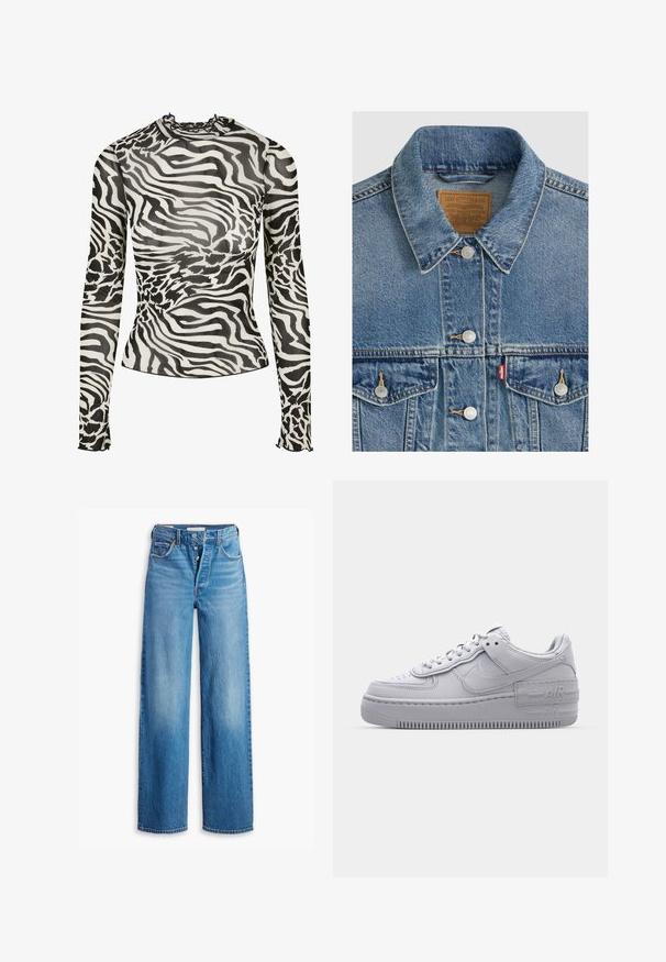 Chaqueta vaquera azul con botones plateados, cuello puntiagudo, dos bolsillos en el pecho, etiqueta de la marca Levi Strauss marrón dentro del cuello.; Blusa de manga larga con cuello alto, que presenta un diseño de estampado de cebra en blanco y negro sobre un tejido transparente. Acentos con volantes en el escote y los puños.; Vaqueros de mezclilla azul con una cintura alta, diseño de pierna ancha y estilo de cinco bolsillos. Presenta una cremallera de botón y un acabado deslavado.; Zapatilla Nike Air Force 1 gris con puntera perforada, parte superior de cuero suave, suela gruesa y detalle en relieve 'AIR' en el talón.