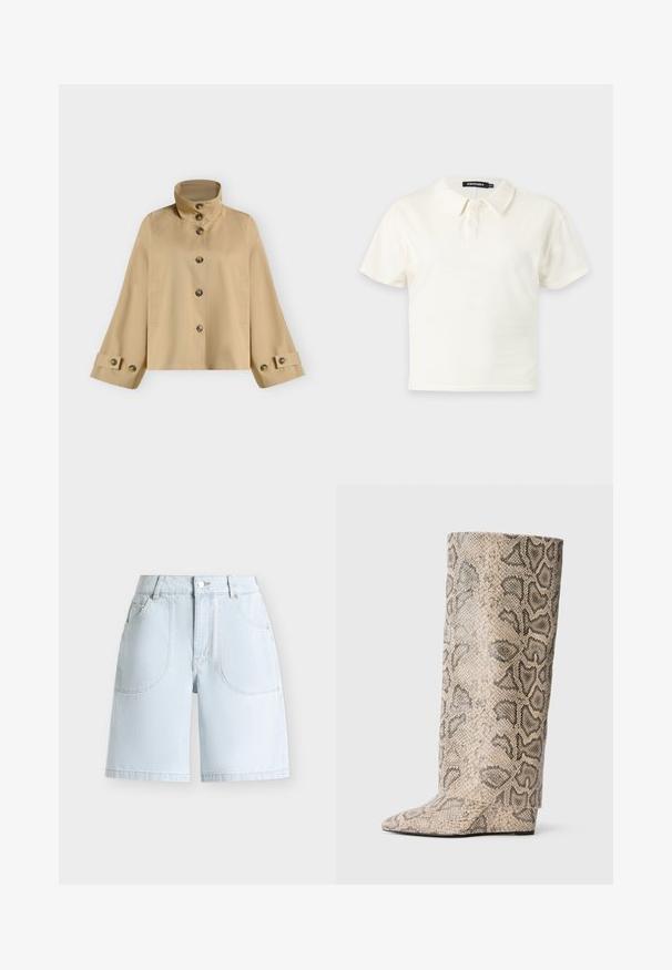 Beige kort jasje met hoge kraag, knoopsluiting aan de voorkant, wijde mouwen en met knopen gesloten manchetten.; Wit poloshirt met korte mouwen, twee knopen en een kraag, weergegeven op een effen lichte achtergrond.; Lichtblauwe denim shorts met knoop en rits aan de voorkant, twee afgeronde voorzakken en riemlussen op een effen achtergrond.; Hoge, spitse laarzen in een beige en zwarte slangenprint. Gemaakt van gestructureerd synthetisch materiaal met een elegante, fijne afwerking.