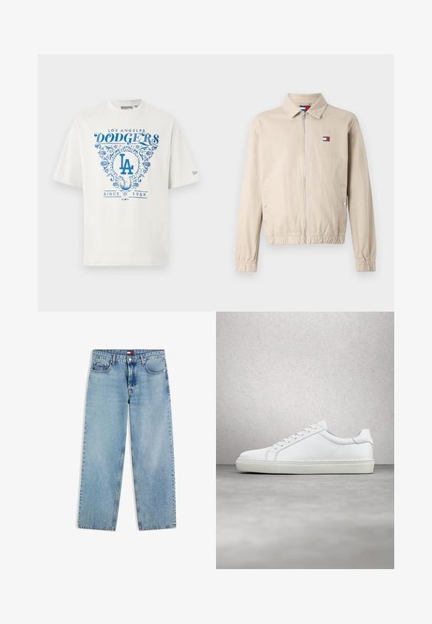 Khakifarbene Jacke mit Reißverschluss, Kragen, elastischen Bündchen und tailliertem Schnitt. Mit kleinem Logo auf der linken Brust. Glatte Stoffstruktur.; Weißes Baumwoll-T-Shirt mit blauem Grafiktext "LOS ANGELES DODGERS" und "SINCE 1958" sowie floralen Akzenten und dem "LA"-Logo in der Mitte.; Hellblaue Straight-Leg Denim-Jeans mit fünf Taschen und einem Metallknopfverschluss an der Taille.; Weißer Sneaker mit glattem Lederobermaterial und niedrigem Profil. Verfügt über eine runde Zehenpartie, sechs Ösen und eine strukturierte Gummisohle.