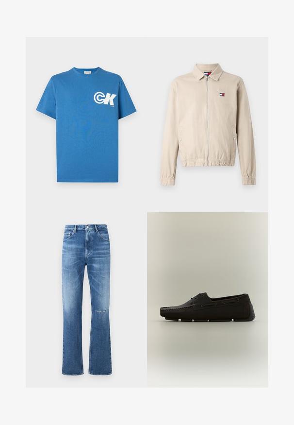 Khaki bunda na zips s golierom, elastickými manžetami a priliehavým pásom. Na ľavej strane na hrudi má malý logotyp. Hladká textúra látky.; Modré bavlnené tričko s krátkymi rukávmi a okrúhlym výstrihom, na ľavej strane hrudníka s bielym logom "CK". Hladká textúra, pravidelný strih.; Modré riflové rozšírené džínsy so zafarbením a poškodením na kolenách. Majú zapínanie na gombík a zips, klasický design s piatimi vreckami.; Pánska mokasína ztmavohnedej kože s ozdobným stehom a gumovou podrážkou, zobrazená v bočnom profile na neutrálnom pozadí.