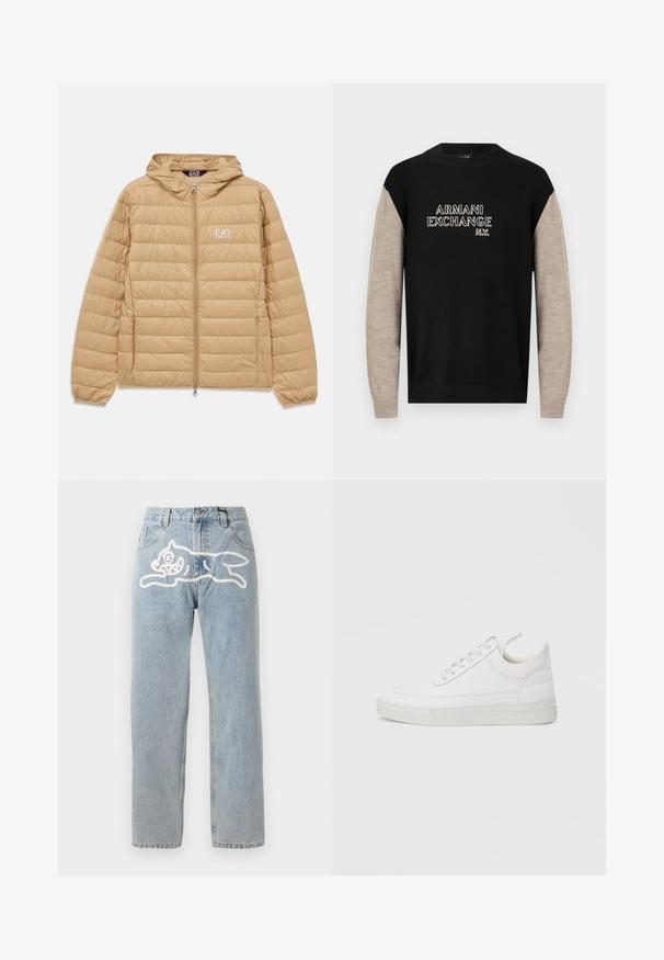 Lichtbruin gewatteerd jack met capuchon, voorzien van een ritssluiting aan de voorkant en het EA7 Emporio Armani-logo op de linkerborst.; Zwart-beige trui met lange mouwen, voorzien van een ronde halslijn en het logo "ARMANI EXCHANGE N.Y." in contrasterende witte stiknaden.; Lichtblauwe denim jeans met een rechte snit, met een groot wit grafisch ontwerp van een kat op de achterkant. Klassiek vijfzakken ontwerp.; Witte leren sneaker met een afgeronde neus, platte zool en veters aan de voorkant. Voorzien van stikseldetails en een gevoerde kraag voor comfort.