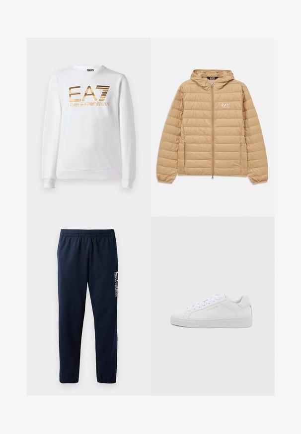 Kergelt pruunist õmblustatud kapuutsiga jakk, millel on ees lukk ja EA7 Emporio Armani logo vasakul rinnal.; Valge puuvillane dressipluus, millel on pika varruka ja ümmargune kaelus. Ees on metallik kuldne logo "EA7 EMPORIO ARMANI."; Tume sinised dressipüksid elastse vöökoha, kitsenevate jalgade ja valge logoga küljel. Sile kangas kergesti ja õhuliselt.; Valged nahast madala säärega tennised ümarate ninadega, tasase paeltega, tekstuurse tallaga ja peene kuldse brändinguga külje peal. Sile pind ja minimalistlik disain.