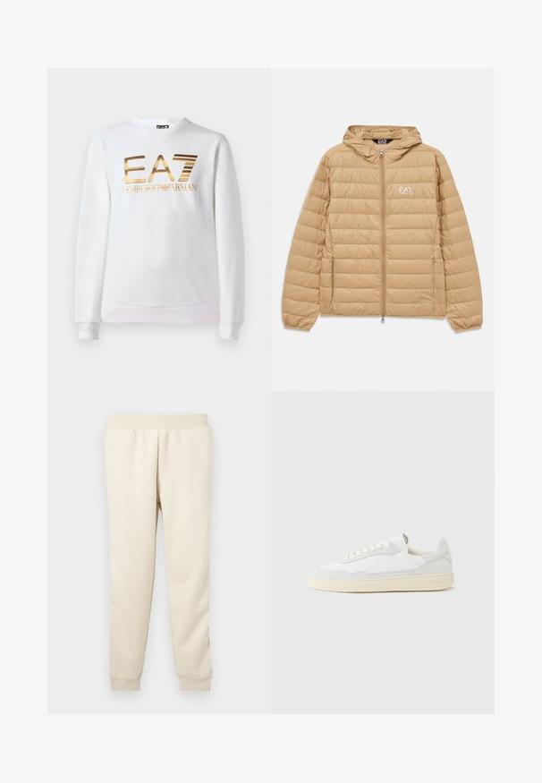 Chaqueta con capucha acolchada de color marrón claro, con cremallera frontal y el logo de EA7 Emporio Armani en el lado izquierdo del pecho.; Sudadera blanca de algodón con mangas largas y cuello redondo. Presenta un logo metálico dorado "EA7 EMPORIO ARMANI" en la parte delantera.; Pantalones de chándal beige claro hechos de una tela suave, con un diseño ajustado, cinturilla elástica y puños en los tobillos. Sin patrones ni acentos visibles.; Zapatilla blanca con parte superior texturizada de ante y cuero. Presenta una puntera redondeada, cierre con cordones y suela de goma beige contrastante.