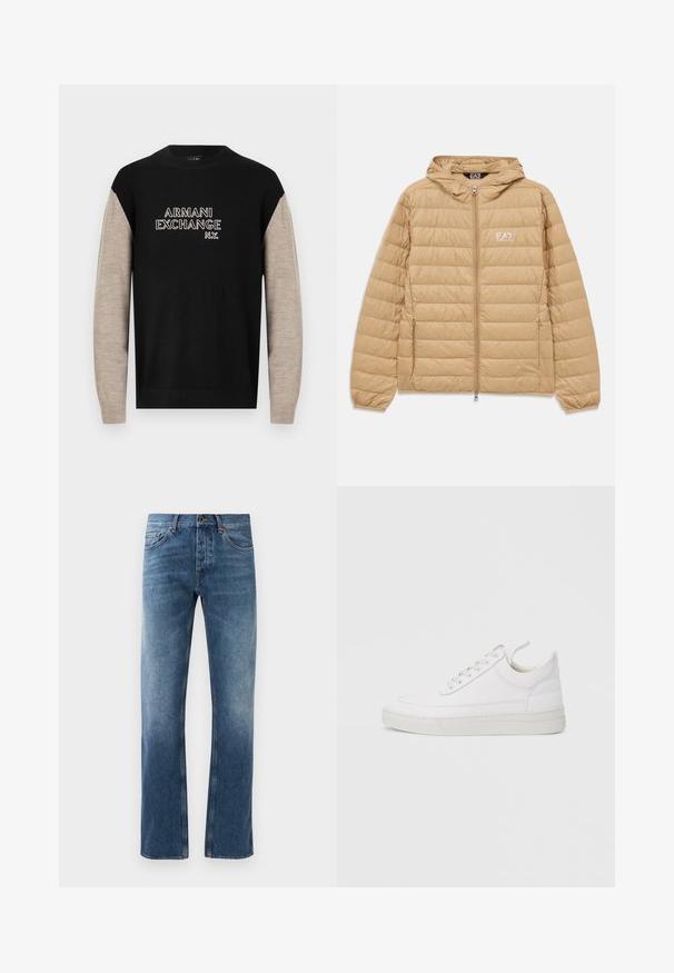 Lysebrun kviltet hættejakke med frontlynlås og EA7 Emporio Armani-logo på venstre bryst.; Sort og beige sweater med lange ærmer, der har en rund halsudskæring og "ARMANI EXCHANGE N.Y." logo i kontrasterende hvid syning.; Blå denim jeans med lige ben design, falmede vask, fem lommer og kontrastsyning. Knap- og lynlås-lukning i taljen.; Hvid lædersneaker med rundet tå, flad sål og snørebånd foran. Har syningsdetaljer og polstret krave for komfort.