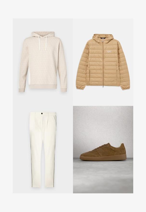 Veste à capuche matelassée marron clair avec fermeture éclair sur le devant et logo EA7 Emporio Armani sur la poitrine gauche.; Sweat à capuche beige avec un motif géométrique subtil, capuche à cordon, poignets côtelés et panneaux latéraux. Texture douce, design décontracté.; Pantalon à rayures blanches avec une coupe décontractée, doté d'une bande latérale noire, d'une fermeture à boutons et de plis à l'avant pour un détail de design supplémentaire.; Baskets en daim marron avec des lacets couleur fauve et une semelle en caoutchouc. Présente un bout arrondi et des détails cousus sur la tige. Design léger.