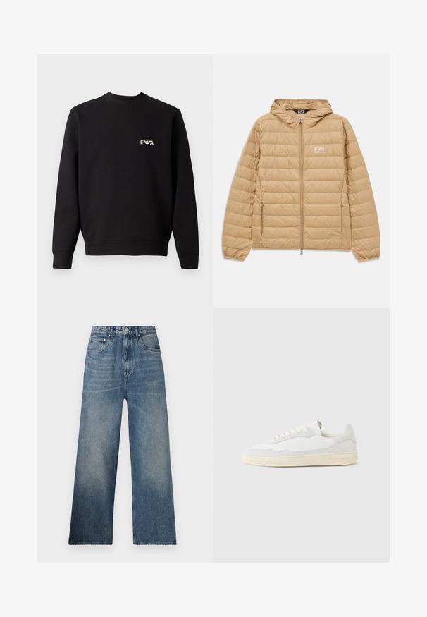 Lysebrun kviltet hættejakke med frontlynlås og EA7 Emporio Armani-logo på venstre bryst.; Sort sweatshirt med rund hals, lange ærmer og ribbede manchetter. Har et lille hvidt broderet logo på brystet. Stoffet er en blanding af bomuld.; Blå denim bredbenede jeans med høj talje, subtilt slid, fem lommer og metalknaplukning foran.; Hvid sneakers med en øvre del i tekstureret ruskind og læder. Har rundet tå, snørelukning og kontrasterende beige gummisål.