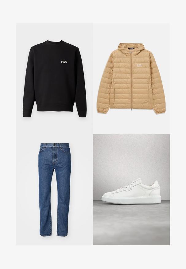 Svetlohnedá prešívaná bunda s kapucňou a predným zipsom, s logom EA7 Emporio Armani na ľavej hrudi.; Čierna mikina s okrúhlym výstrihom, dlhými rukávmi a rebrovanými manžetami. Na hrudi sa nachádza malé biele vyšívané logo. Materiál z bavlnenej zmesi.; Svetlomodré džínsy s rovnými nohavicami, piatimi vreckami, viditeľným prešívaním a gombíkovým zapínaním v páse.; Biele kožené tenisky s guľatou špičkou, plochým šnurovaním a šedou gumovou podrážkou. Disponujú jemným prešívaním a akcentom loga.