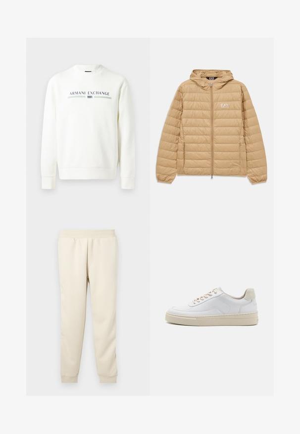 Veste à capuche matelassée marron clair avec fermeture éclair sur le devant et logo EA7 Emporio Armani sur la poitrine gauche.; Sweatshirt blanc avec col rond, manches longues et poignets côtelés. Présente un logo imprimé "Armani Exchange 1991" en bleu et vert.; Pantalons de survêtement beige clair fabriqués en tissu doux avec un design fuselé, une ceinture élastique et des poignets aux chevilles. Pas de motifs ou d'accents visibles.; Sneaker blanche avec un dessus en cuir lisse, des lacets beige et un onglet de talon en daim beige texturé. Semelle surélevée pour une hauteur supplémentaire.