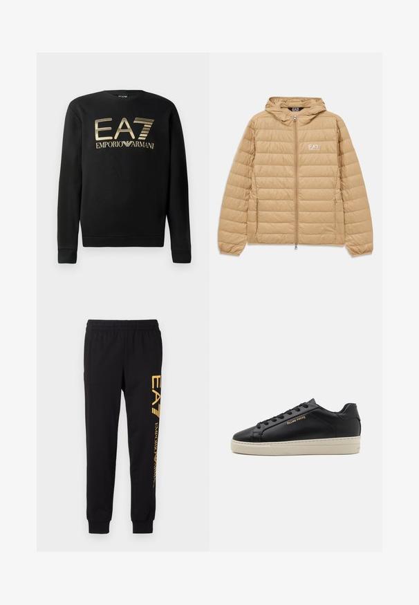 Lichtbruin gewatteerd jack met capuchon, voorzien van een ritssluiting aan de voorkant en het EA7 Emporio Armani-logo op de linkerborst.; Zwart sweatshirt met ronde hals, voorzien van het gouden EA7 Emporio Armani-logo op de borst. Zachte stof met geribbelde mouwen en onderrand.; Zwarte trainingsbroek van zacht materiaal, met een elastische tailleband en cuffed enkels. Gele branding die verticaal op het linkerpijp is gedrukt.; Zwarte leren sneaker met een gladde afwerking, contrasterende crèmekleurige zool, ronde neus, gouden logo aan de zijkant en zes gaatjes voor veters.